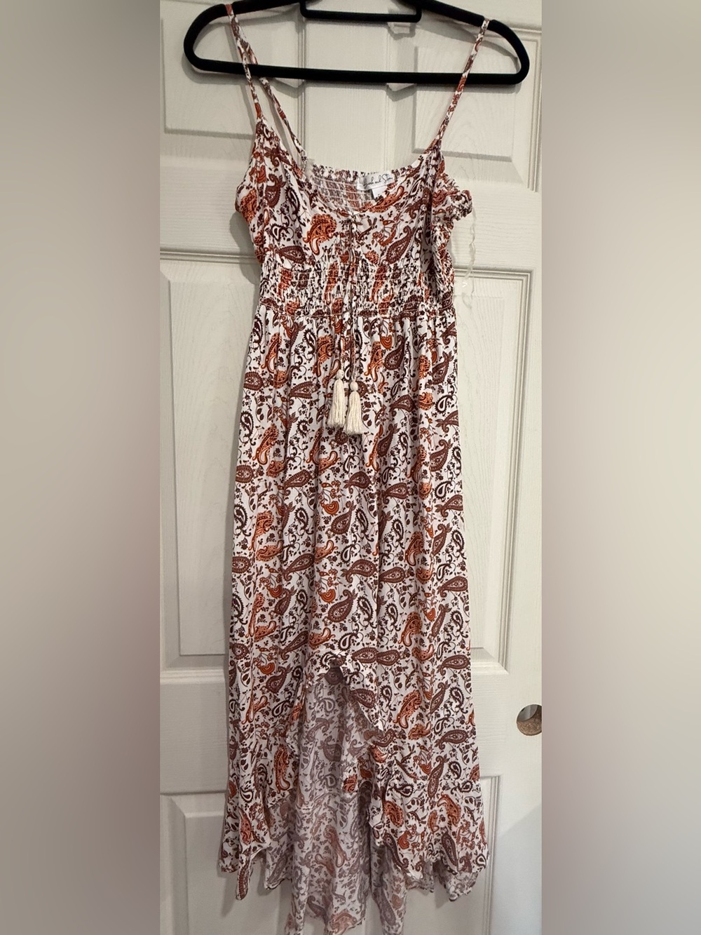 Boho White Paisley Maxi Dress with Rust Accents